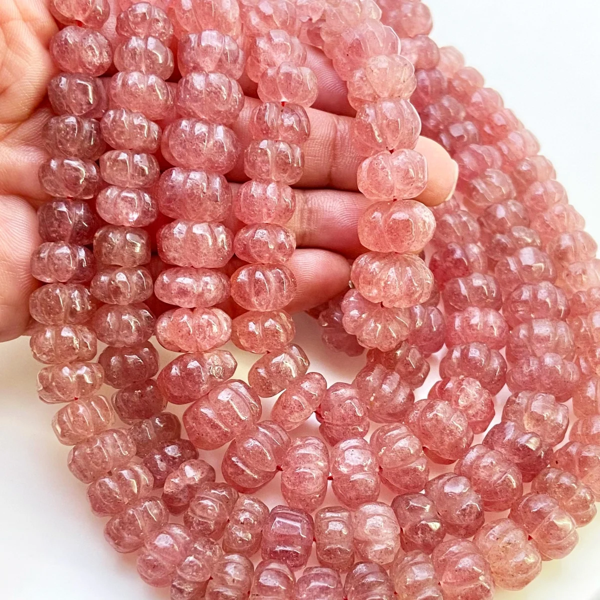 Strawberry Quartz 8-14mm Carved Melon A+ Grade Gemstone Beads